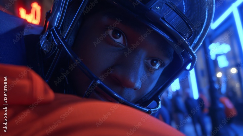 Intense close-up of a football player in a helmet, focused and determined Intense close-up of a football player in a helmet, focused and determined