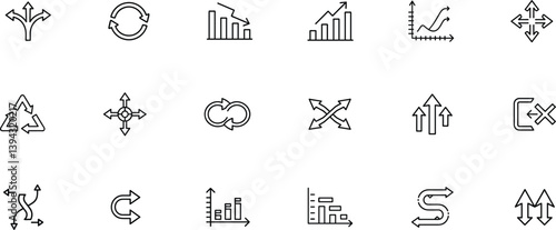 Direction editable outline icon set. Arrow, growth, chart, path, analytics and more.