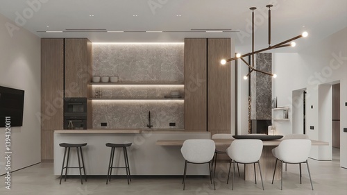 Εκτύπωση καμβά Wooden kitchen room with dining table and bar chairs, parquet floor