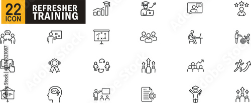 Refresher training editable outline icon set. Education, goal, teamwork, achievement, learning and more.