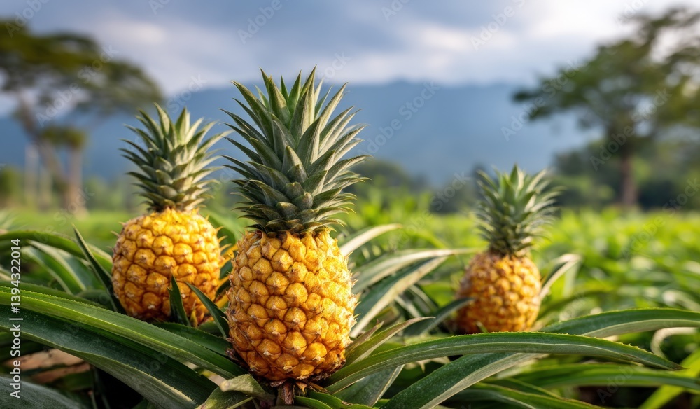 Ripe pineapples growing on plantation with mountain view, ideal for food or travel Ripe pineapples growing on plantation with mountain view, ideal for food or travel