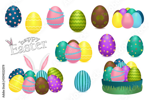 3D set of Easter eggs with pastel colors and various patterns, a pile of eggs with Easter bunny ears sticking out from behind it, and a collection of ornate eggs in an basket with grass underneath.