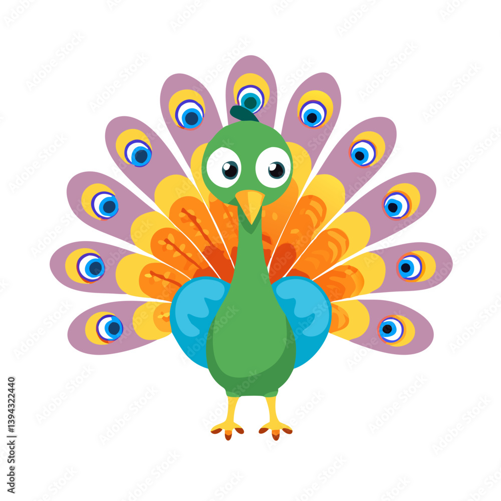 Obraz premium Colorful cartoon peacock with spread feathers