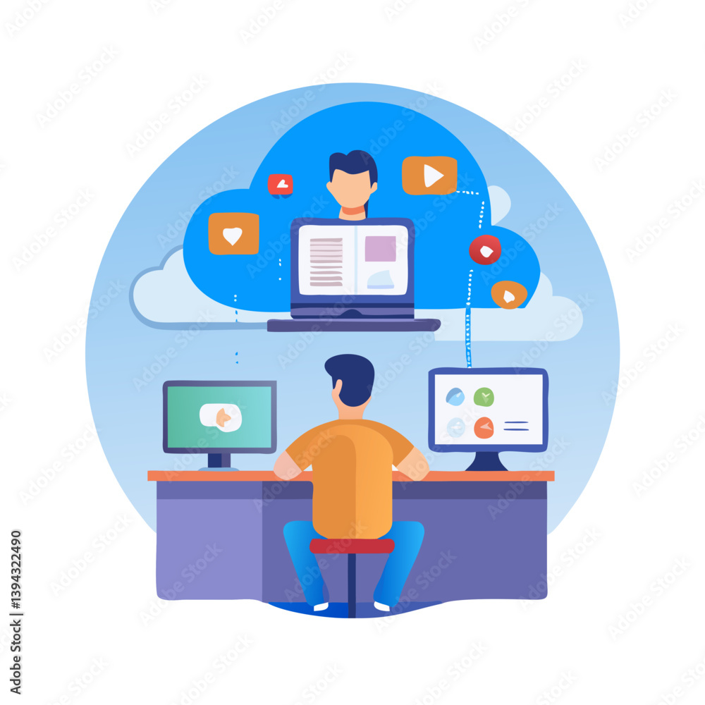 Two workers communicating with multiple screens and avatars Two workers communicating with multiple screens and avatars