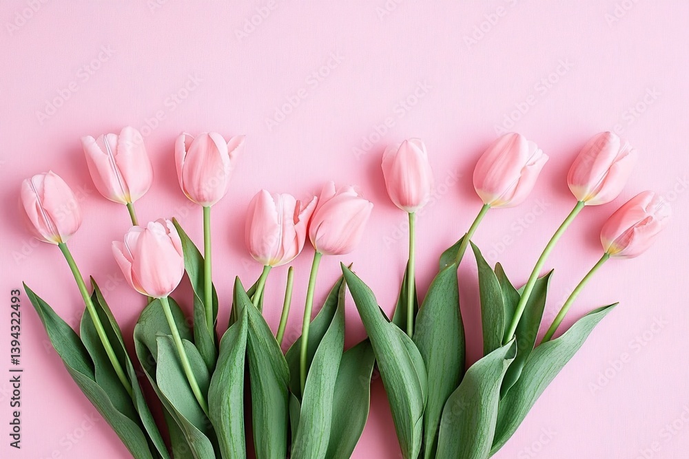 Beautiful composition spring flowers. Bouquet of pink tulips flowers on pastel pink background. Valentine's Day, Easter, Birthday, Happy Women's Day, Mother's Day. Flat lay, top view, copy space Beautiful composition spring flowers. Bouquet of pink tulips flowers on pastel pink background. Valentine's Day, Easter, Birthday, Happy Women's Day, Mother's Day. Flat lay, top view, copy space