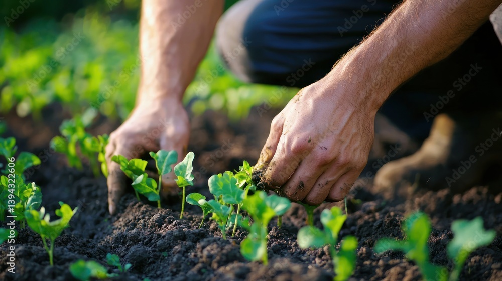 A farmer planting rows of young crops in spring. A farmer planting rows of young crops in spring.