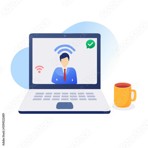 Man on video call using laptop with coffee mug