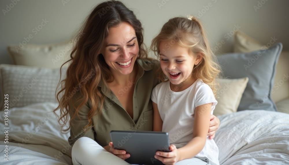 A cheerful mother and her young daughter are seated on a cozy bed, engrossed in a tablet together. Their radiant smiles and sparkling eyes reflect the joy of shared experiences, creating a A cheerful mother and her young daughter are seated on a cozy bed, engrossed in a tablet together. Their radiant smiles and sparkling eyes reflect the joy of shared experiences, creating a