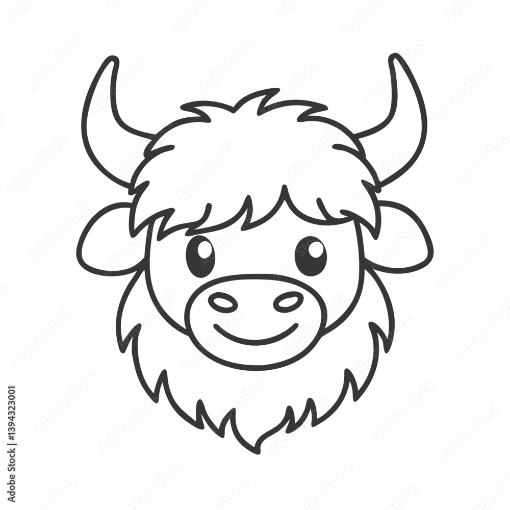 Outline of highland cow head in black and white Outline of highland cow head in black and white