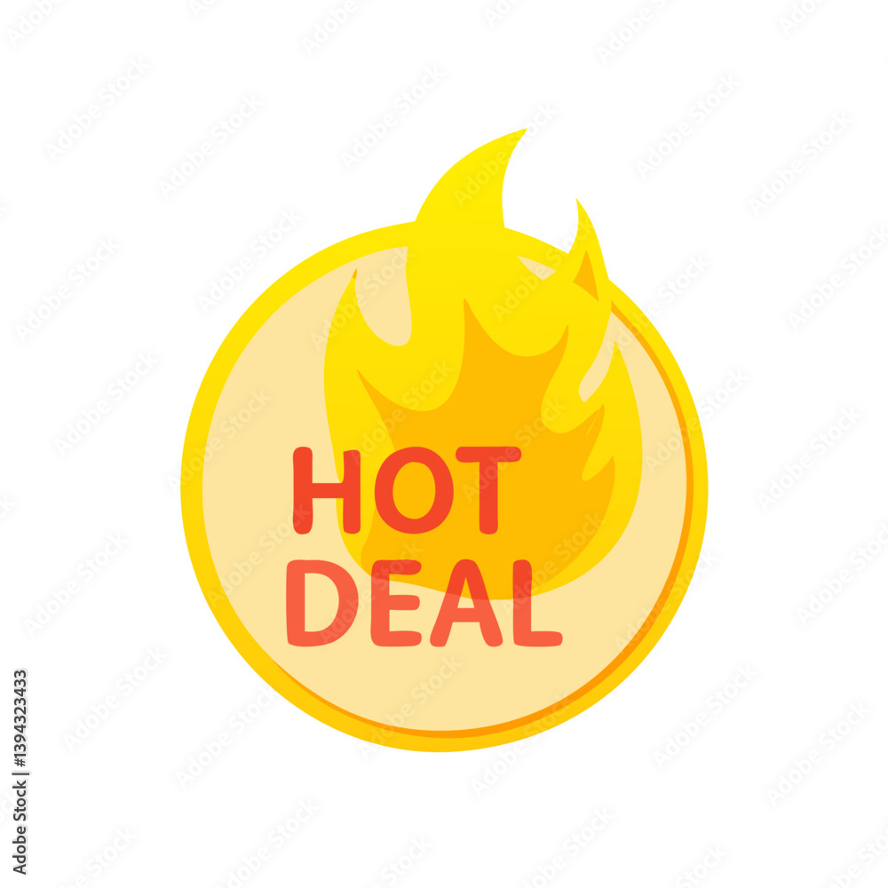 Hot deal flame icon on yellow background in flat vector style Hot deal flame icon on yellow background in flat vector style