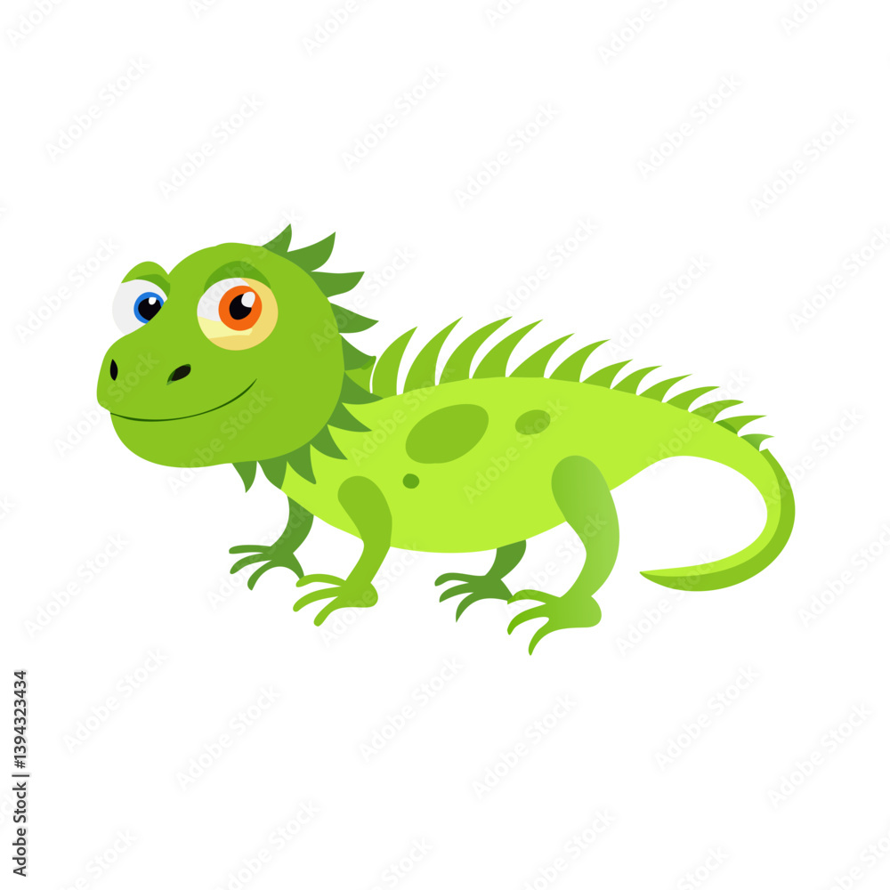 Naklejka premium Green cartoon iguana walking in flat vector style