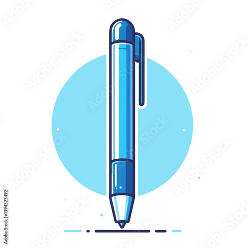 Blue ballpoint pen on circular background. Ideal for office stationery marketing, writing tool advertisements, educational supplies, or business communication concept illustrations.