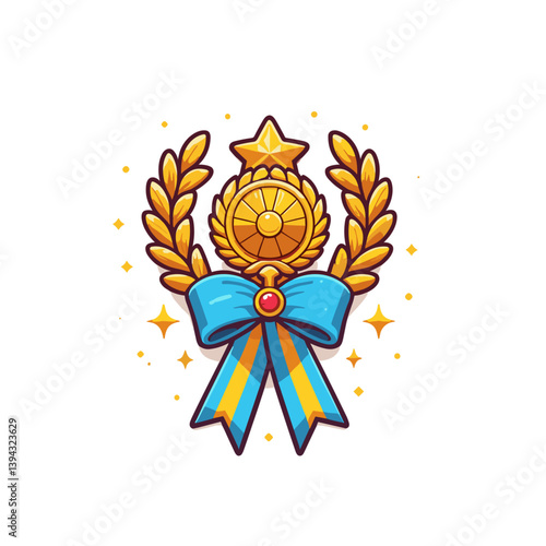 Gold medal with blue ribbon and laurel wreath. Ideal for achievement recognition, sports competition awards, ceremony events, or excellence certification graphics.