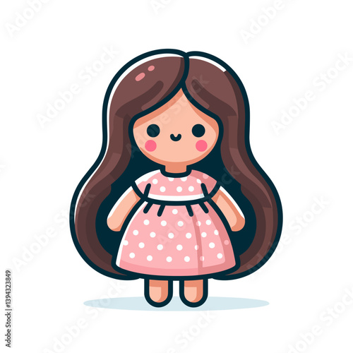 Cute cartoon doll with long brown hair in pink polka dot dress. Ideal for children's toys, nursery decorations and childhood nostalgia illustrations.