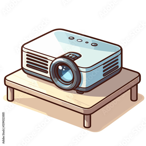 Digital projector on wooden table in simple modern style. Ideal for presentation equipment, office technology and multimedia conference illustrations.