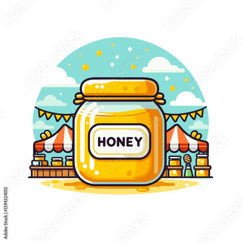 Honey jar with festival backdrop in cheerful colors. Perfect for farmer's market advertising, organic food promotion, and natural sweetener marketing.