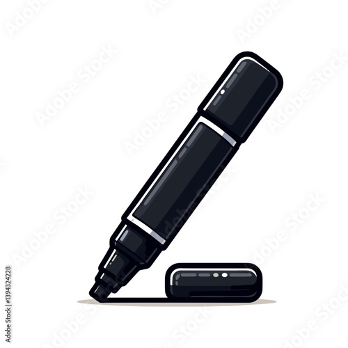 Black permanent marker with cap, writing tool illustration. Ideal for office supplies catalogs, art material promotions, design tools, and labeling equipment.