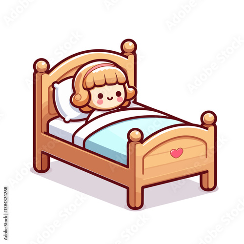 Little girl sleeping in wooden bed with heart detail. Ideal for children's bedtime stories, furniture stores, and parenting materials.