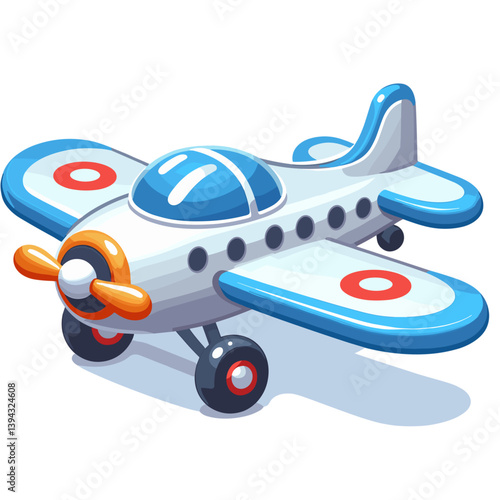 Vintage toy airplane with blue and white colors. Perfect for children's room decor, retro toy collections, aviation themed nurseries, or nostalgic gift item promotions.