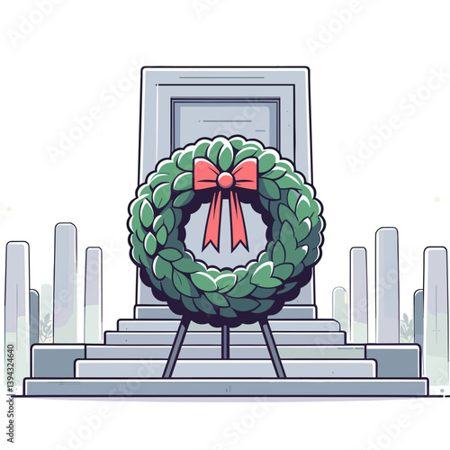 Memorial wreath on stone steps with black ribbon. Ideal for funeral services, remembrance ceremonies, memorial day observances, or military honor illustrations.