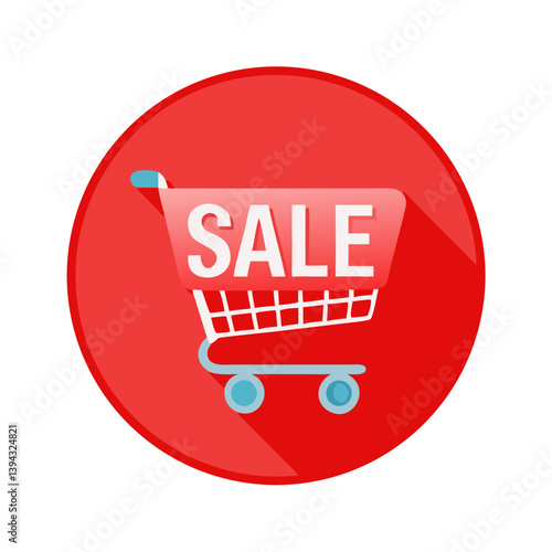 Red sale icon with shopping cart in circle