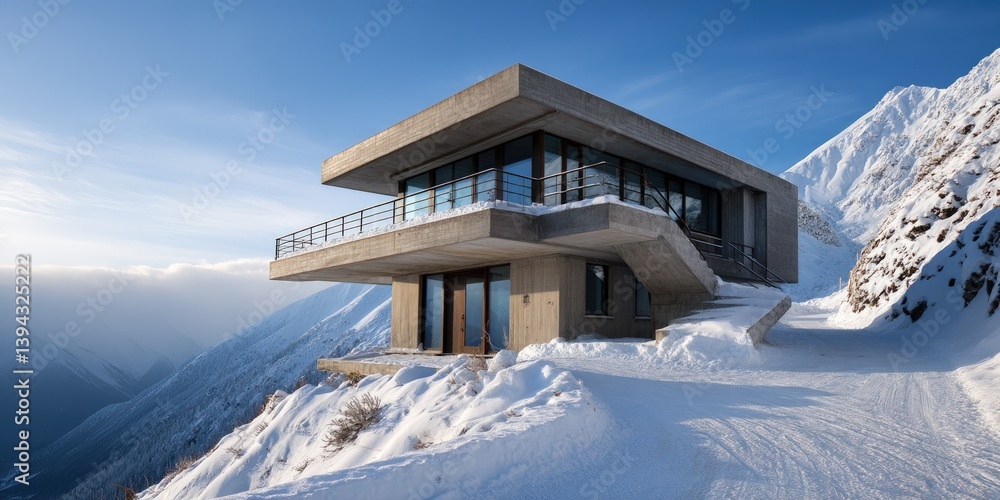 Modern house on snowy mountaintop with valley view, ideal for winter retreats Modern house on snowy mountaintop with valley view, ideal for winter retreats