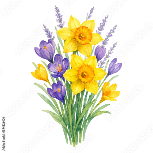 Wallpaper Mural Vibrant Watercolor Bouquet of Daffodils, Crocuses, and Lavender Torontodigital.ca