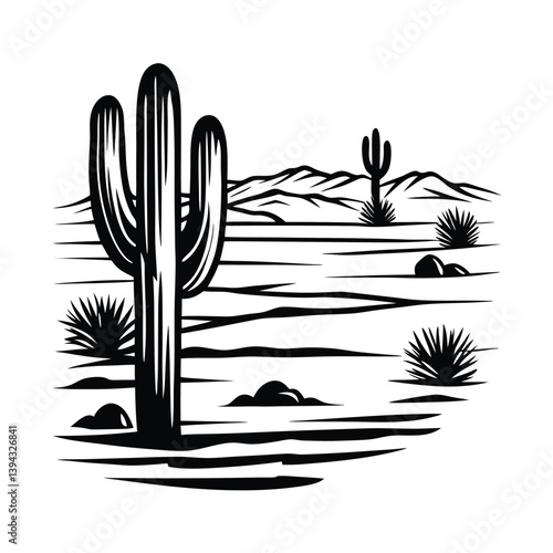 Black and White Desert Landscape with Cacti, Mountains, Moon, and Stars in a Circle
