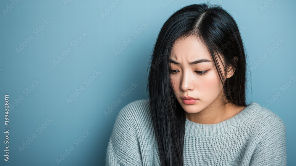 Sad Reflection: A thoughtful young individual with long, dark hair exhibits a pensive expression against a soft, blue backdrop, encapsulating moments of introspection and contemplation. Sad Reflection: A thoughtful young individual with long, dark hair exhibits a pensive expression against a soft, blue backdrop, encapsulating moments of introspection and contemplation.