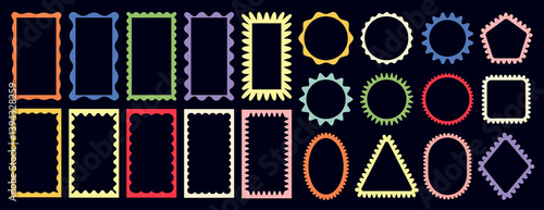 Groovy framework pattern silhouette showcasing psychedelic y2k squiggle photo frame, doodle rectangle, circle, label, flower sticker and brutal text message box with wavy zigzag edge and comic border.