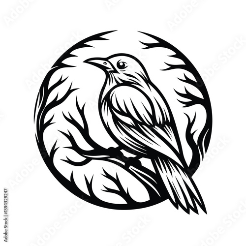 Raven Silhouette on Branch Within Circle of Branches, Detailed Monochromatic Design 86 char