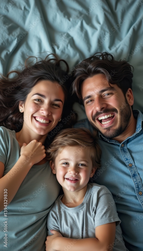 A heartwarming family portrait captures a joyful moment of a man, woman, and young boy lying together on a soft, light blue bedspread. Their radiant smiles and playful expressions convey a deep sense A heartwarming family portrait captures a joyful moment of a man, woman, and young boy lying together on a soft, light blue bedspread. Their radiant smiles and playful expressions convey a deep sense