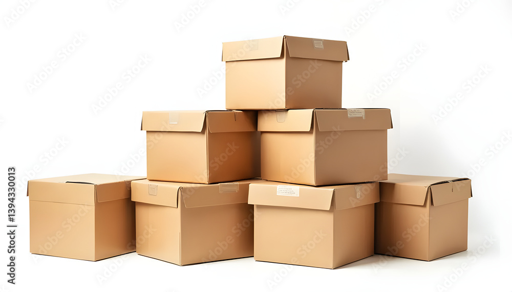 Stacked brown cardboard boxes in various sizes arranged on a white background Stacked brown cardboard boxes in various sizes arranged on a white background