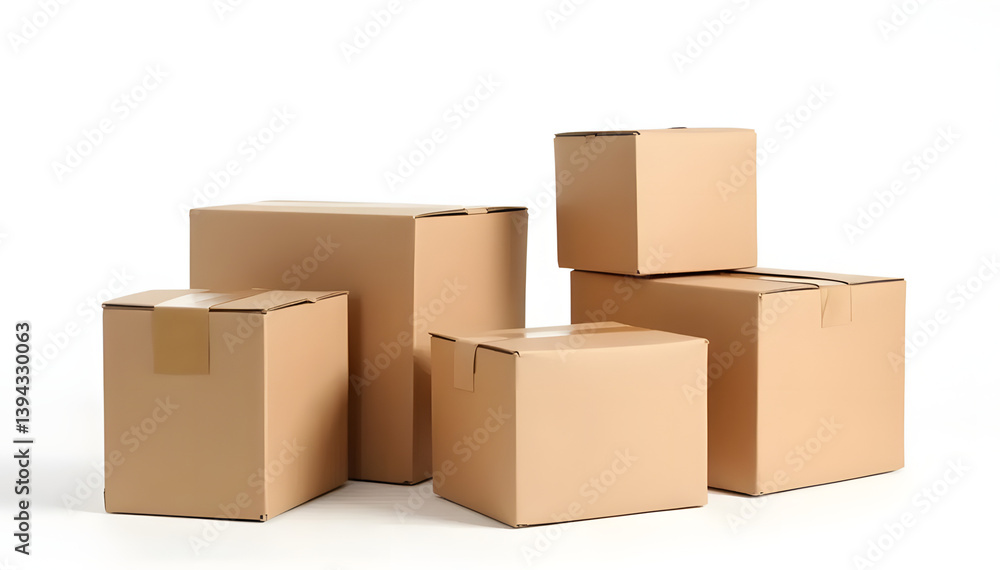 Stacked brown cardboard boxes in various sizes arranged on a white background Stacked brown cardboard boxes in various sizes arranged on a white background