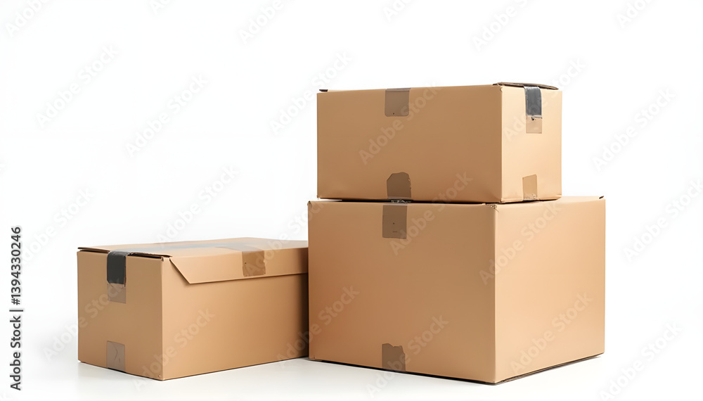 Stacked brown cardboard boxes in various sizes arranged on a white background Stacked brown cardboard boxes in various sizes arranged on a white background