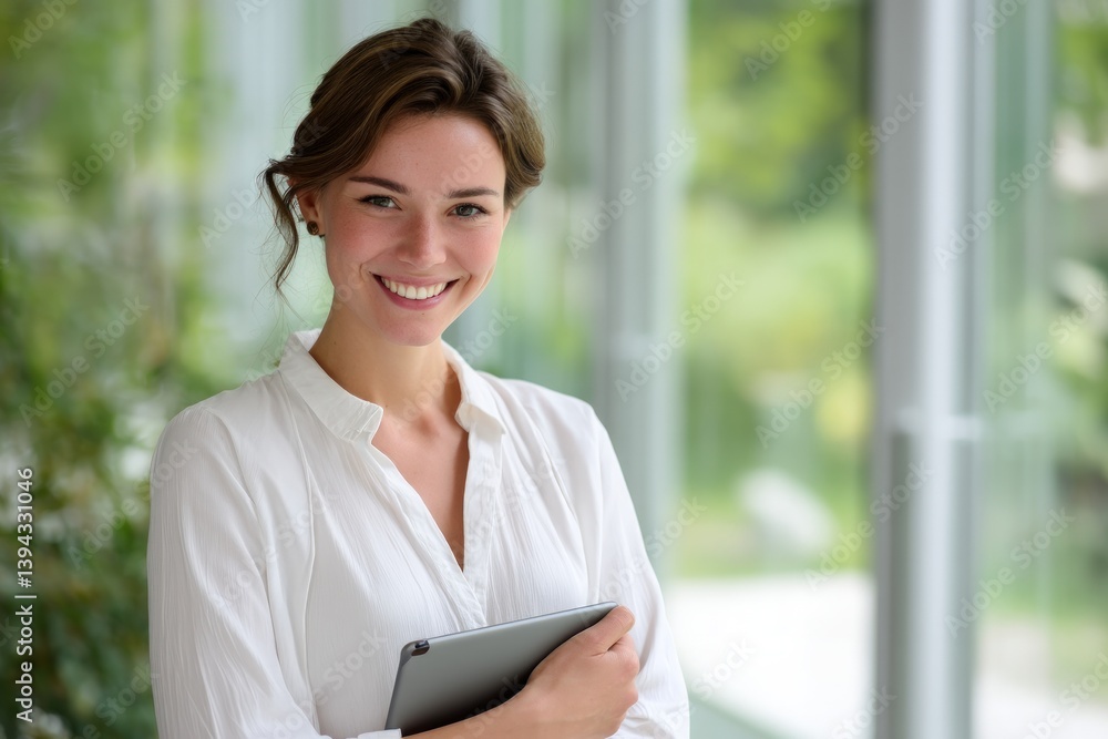 Smiling woman holding tablet by window with plants Smiling woman holding tablet by window with plants