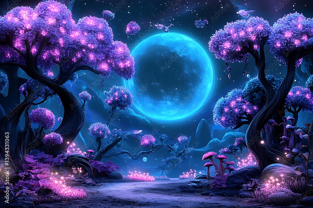 A fantastical landscape features glowing trees and a large celestial sphere