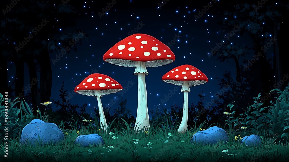 Three large mushrooms with a starry night forest background