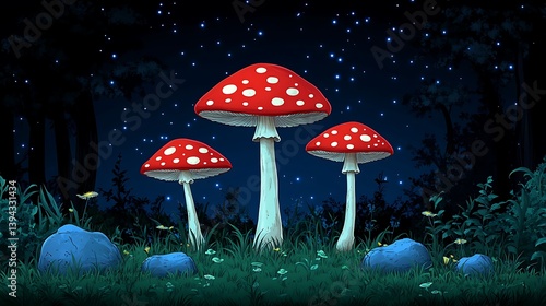 Obraz na płótnie Three large mushrooms with a starry night forest background w salonie