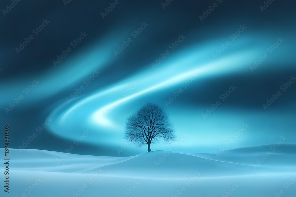 A solitary tree stands beneath vibrant northern light display