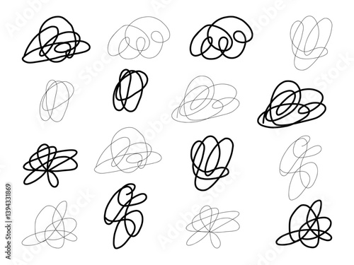 Expressive Scribbled Cloud and Shape. A bold and airy collection of 10 abstract hand drawn scribbles resembling clouds, hearts, and floral forms with dynamic loops and flowing contours
