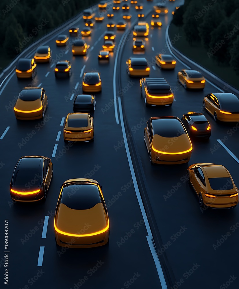 Illuminated yellow cars traveling on a curved highway at twilight