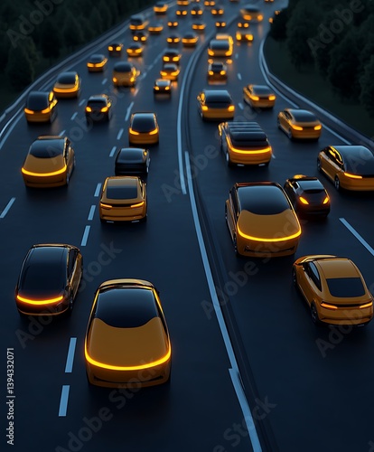 Obraz na płótnie Illuminated yellow cars traveling on a curved highway at twilight w salonie