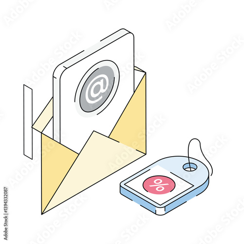A well crafted isometric outline icon showing email discount
