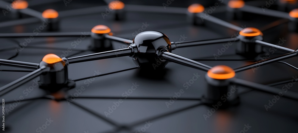 A dark network of connected nodes with orange lights