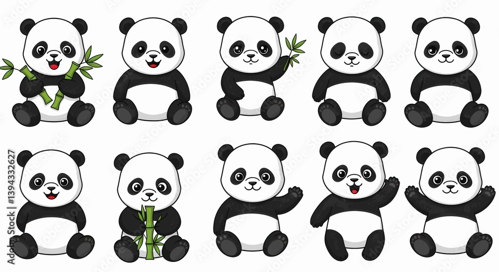Adorable Panda Bears in Various Poses, Smiling, Eating Bamboo, and Waving Hello Adorable Panda Bears in Various Poses, Smiling, Eating Bamboo, and Waving Hello