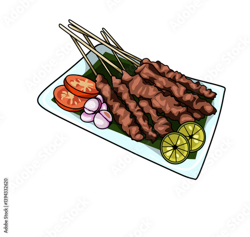 Illustration of meat skewered on bamboo sticks and grilled and doused with special spices for design purposes or other editing purposes