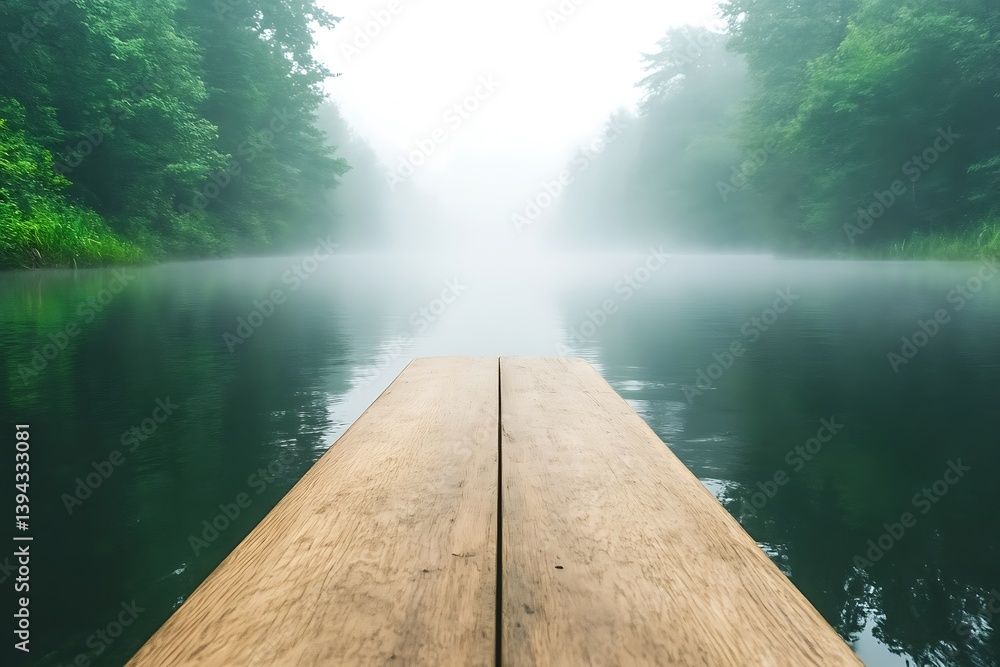 Wooden dock extends towards the water under a foggy sky