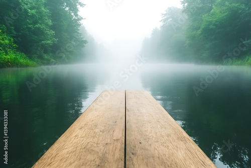 Wooden dock extends towards the water under a foggy sky