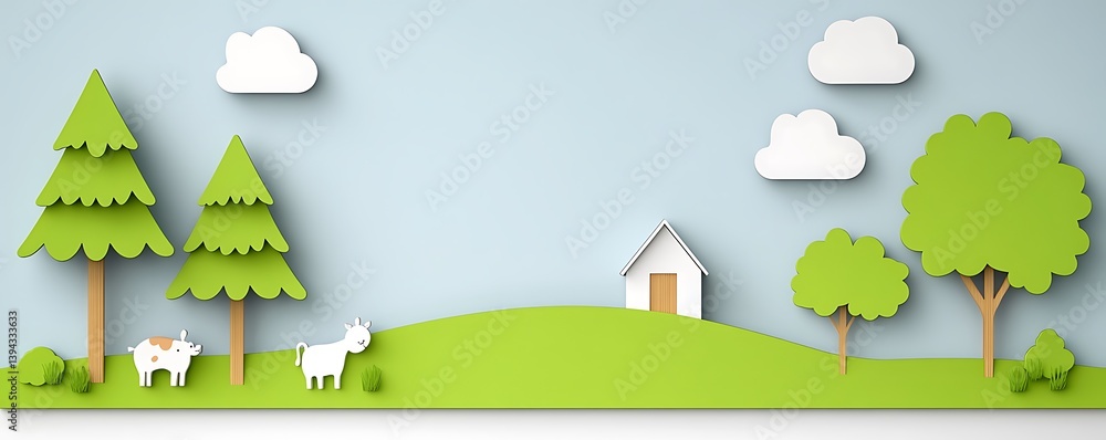 Whimsical paper crafted scene featuring trees animals and house